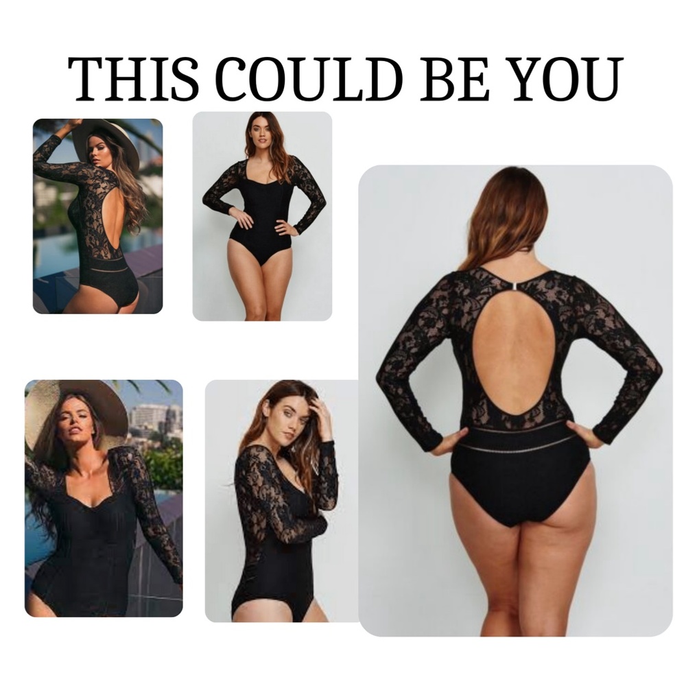 BLACK LACE LONG SLEEVE OPEN BACK ONE PIECE SWIMSUIT Sz US 10 - Picture 6 of 14